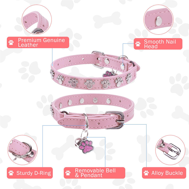 SCENEREAL Cat Collar with Bells, Leather Cat Collars with Paw Studded, Adjustable Pet Collars for Boy Girl Cats,Soft Cute Cat Collar for Kitty Puppy Small Big Cats, Pink