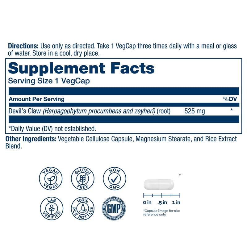 Solaray Devil's Claw Root 525 mg - Devils Claw Herbal Supplement, Devilsclaw Herb Pills, Cartilage Support for Men & Women, Non-GMO, Lab Verified - 100 Vegan Capsules