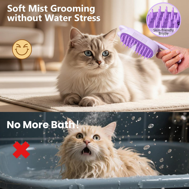 Rechargeable Cat Steam Brush with Mist Spray, 3-in-1 Pet Steam Brush for Long and Short Haired Cats and Small Dogs, Anti-Static, De-Shedding, Detangling, Massage, Purple Cat Design - PawsPlanet Australia