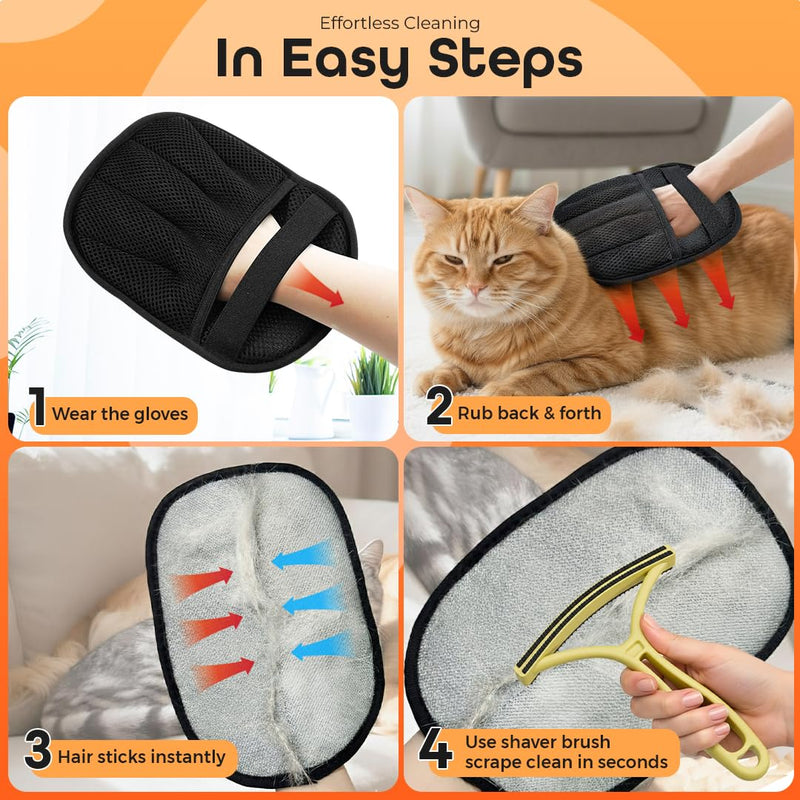 2 Pack Electrostatic Pet Hair Remover Glove with Cleaning Brush for Cats & Dogs, 2026 Upgraded Reusable 5-Finger Grooming Gloves – Magic Brush Tool for Furniture, Couch, Carpet, Car & Clothing (Black) - PawsPlanet Australia