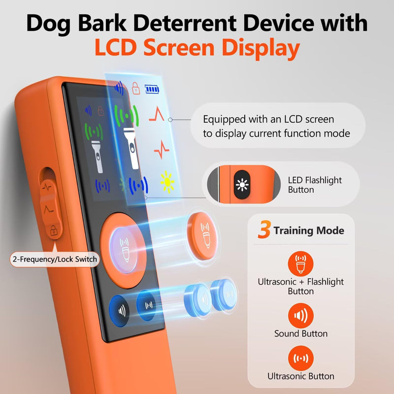 Ultrasonic Dog Bark Deterrent Device, Anti-Barking Control Device with LCD Screen & 3 Modes, Dog Training Tools to Stop Bad Behaviors, Safe Trainer Up to 35ft for Indoor Outdoor Use-01 Orange