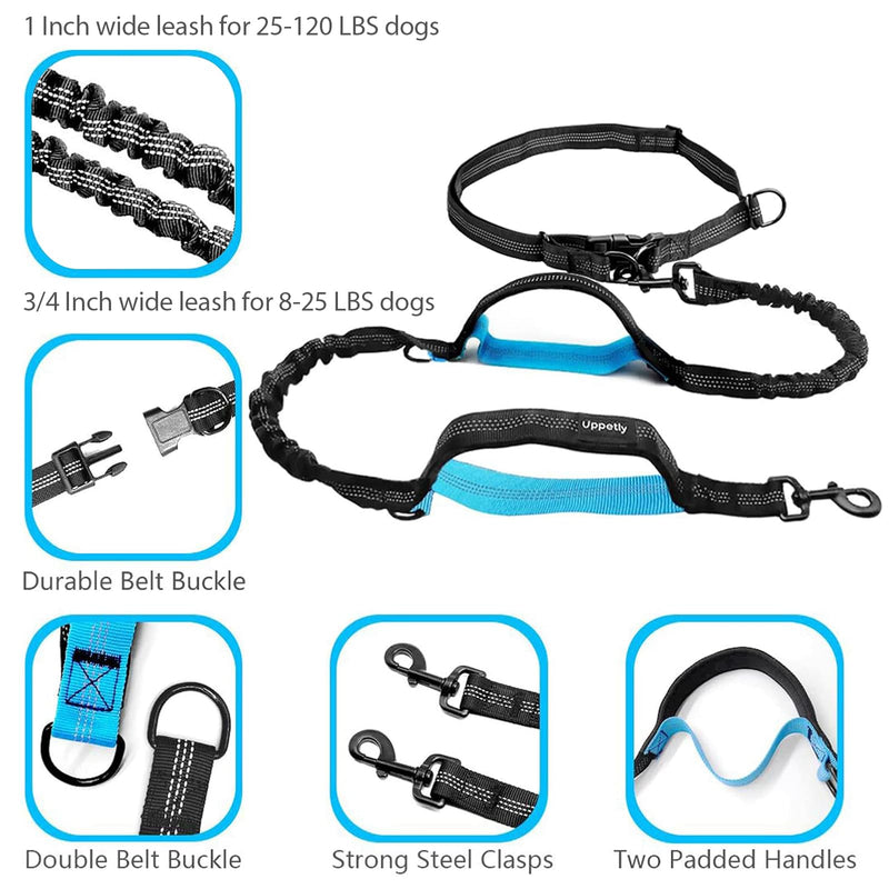 Hands Free Dog Running Leash with Adjustable Waist Belt, Dual Handle Elastic Bungees Retractable Rope for Small and Medium Dogs, Reflective Stitches for Walking Hiking Biking (Large, 25-120lb) Medium/Large - PawsPlanet Australia