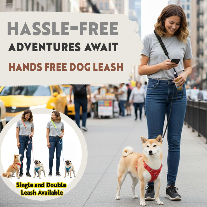 Hands Free Dog Leash, Double Leash for 2 Dogs, Crossbody Wear with Adjustable Length Split Leads and Padded Handles Blush Two Dogs