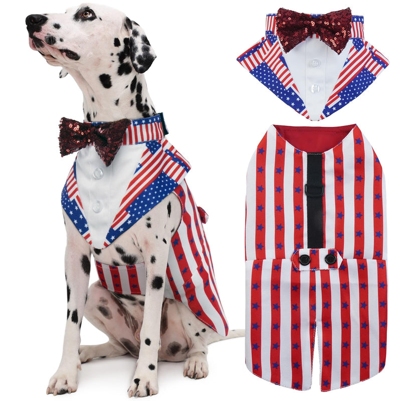 Kuoser Independence Day Dog Tuxedo Dog Suit and Bandana Set, 4Th of July Dog Costume American Flag Dog Outfit with Bow Tie for Large Medium Small Dogs Golden Retriever Samo Bulldogs, XL X-Large (pack of 1)