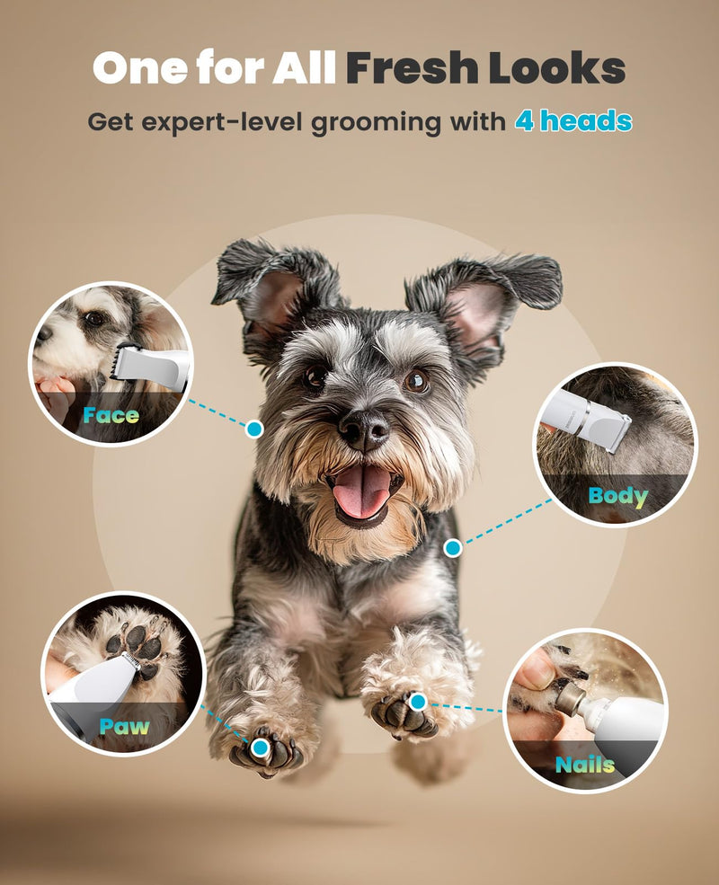 oneisall 4 in 1 Dog Grooming Kit with LCD Display, Dog Hair Trimmer for Paw Nail Grinder, Rechargeable Cordless Low Noise IPX7 Waterproof Pet Clippers (White) White
