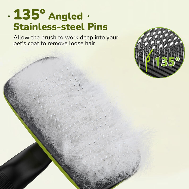 Pecute Cat and Dog Brush for Grooming - Self Cleaning Slicker With Rounded Pins for Short Haired Cats and Small Dogs - Safe and Smooth L Green