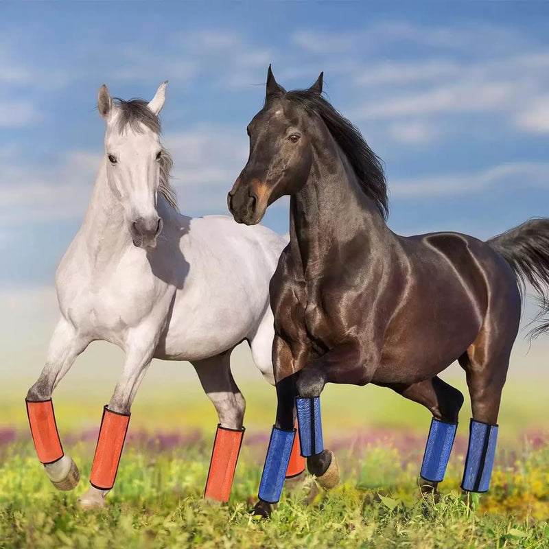 Horse Fly Protection Boots with Leather Frame, Mesh Leg Wraps for for Adult Horses and Donkeys, Set of 4 (Blue, L) BLUE