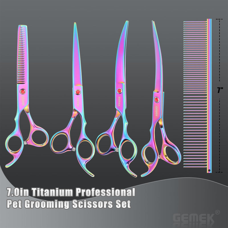 7.0in Titanium Professional Pet Grooming Scissors Set, GEMEK 6 in 1 Straight & Thinning & Upwards Curved & Downwards Curved Scissors & Comb for Dogs, Cats (Rainbow) Rainbow 6 in 1 7inch - PawsPlanet Australia