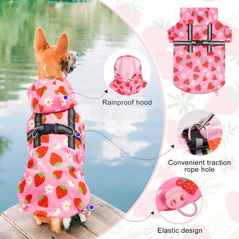 BEAUTYZOO Dog Raincoat Hooded with Harness Built-in for Small Medium Large Dogs Girls Boys, Dog Rain Jacket Slicker Poncho, Waterproof Dog Rain Coat Clothes for Winter Rainy Snowy Days, Pink S S(Back 13.2", Chest 18.5", Neck 13.9") Strawberry Pink