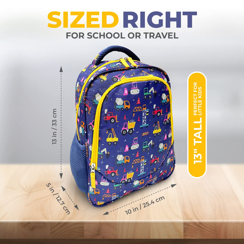 Toddler Backpack for Boys, Cute 13” Daycare PreSchool Kindergarten Elementary School Boy Backpacks, Water Bottle Pocket Holder, Insulated Padded Bags for Toddlers Kids Travel Bag, Blue Yellow Trucks - PawsPlanet Australia