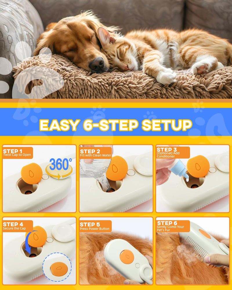 Luxelle Cat Steam Brush for Shedding – 4 in 1 Orange Pet Grooming Brush with Spray, Hair Removal, Massage & Cleaning – Anti-Static Defur Comb for Long & Short Haired Cats and Dogs - PawsPlanet Australia