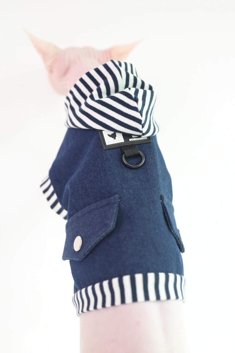 Hooded Denim Cotton Cardigan Harness Vest for Small Kitten & Cats - Adjustable Soft Pet Clothing, Stylish Puppy Kitten Jacket with Leash Attachment (Jacket Only, Small) Jacket Only - PawsPlanet Australia