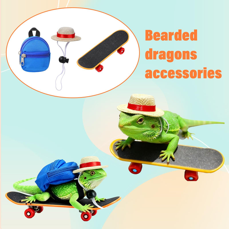 3 Pack Bearded Dragon Accessories Set, Mini Backpack Adjustable Hat and Skateboard Bearded Dragon Toy for Lizard Hamster Parrot Turtle Reptile Small Pets - PawsPlanet Australia