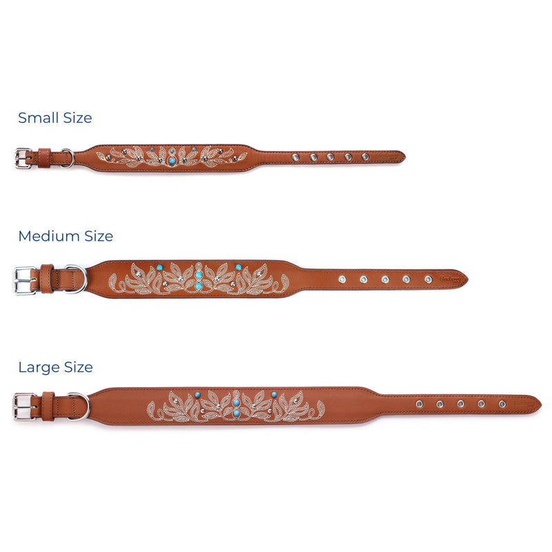 Blueberry Pet Genuine Leather Dog Collar - Western-Inspired Brown Leather Dog Collar for Large Dogs with Floral Embroidery & Turquoise Studs, 18-22 Inch Adjustable & Durable for City Pet Owners Canyon Brown