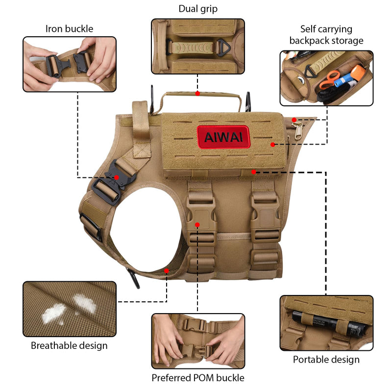 AIWAI Tactical Dog Harness with Handle for Large Dogs,2X Metal Buckle, Dog MOLLE Vest with Pockets,No Pull Adjustable Pet Harness, Easy Control Dog Vest Harness for Working Training (Khaki, XL) Khaki - PawsPlanet Australia