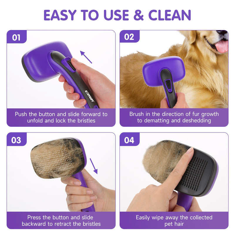Dog Brush Kit – 3 PCS Grooming Set with Self-Cleaning Brush, Undercoat Rake & Pet Bath Brush. Great for Shedding, Tangles & Dirt Removal – Ideal for Long & Short Haired Dogs & Cats, Purple - PawsPlanet Australia