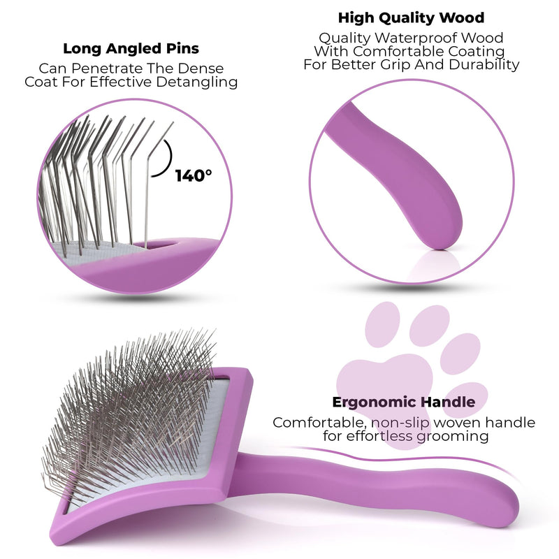 POODLIE Slicker Brush for Dogs - Detangling Dog Brushes for Grooming with Soft Bristles & Long Pins - Professional Cat Deshedding Tool to Removes Tangles & Dirt (Large) Square Large Slicker Brush Purple - PawsPlanet Australia