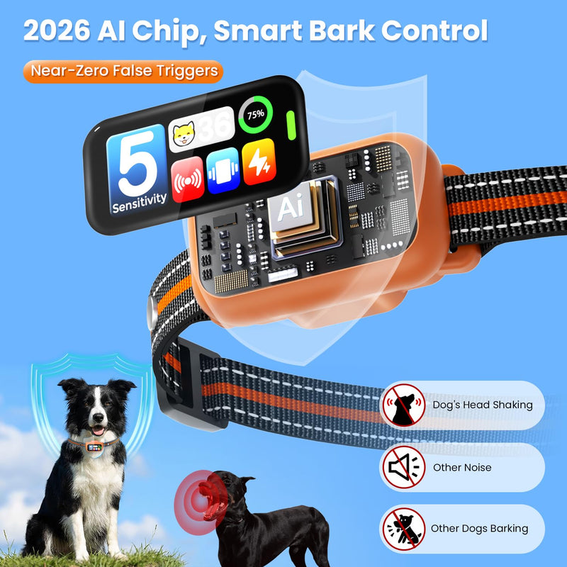 Bark Collar for Small Medium Large Dogs 8-100lbs | Upgraded Smart AI Anti Barking Collar w/AirTag Holder, 5 Modes (Beep/Vib/Safe Shock), Adjustable Sensitivity, Bark Counter, Rechargeable Waterproof Orange