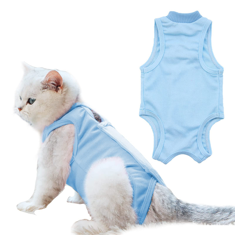 Cat Recovery Suit, 1 Piece Blue Soft Cotton Cat Wound Surgery Recovery Suit Breathable E-Collar Alternative After Surgery Wear for Cats Kitten, S