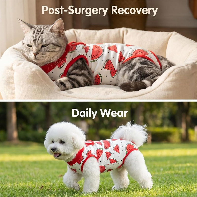 2-Pack Pet Post-Surgery Recovery Suit for Cats Dogs, Abdominal Wound Protector Anti-Licking, Soft Breathable Onesie with Adjustable Fit, Small Pets Universal Tee(Medium, Watermelon,Football) Medium