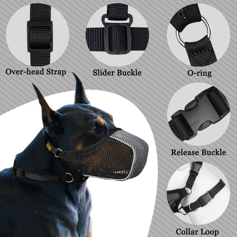 Mayerzon Dog Muzzle, Mesh Soft Muzzle for Large Medium Small Dogs for Scavenging Grooming Biting Chewing, Breathable Reflective Doberman Husky Muzzle with Collar for Labrador Retriever Poodle Black/Grey L-(Snout:10¾"-12")