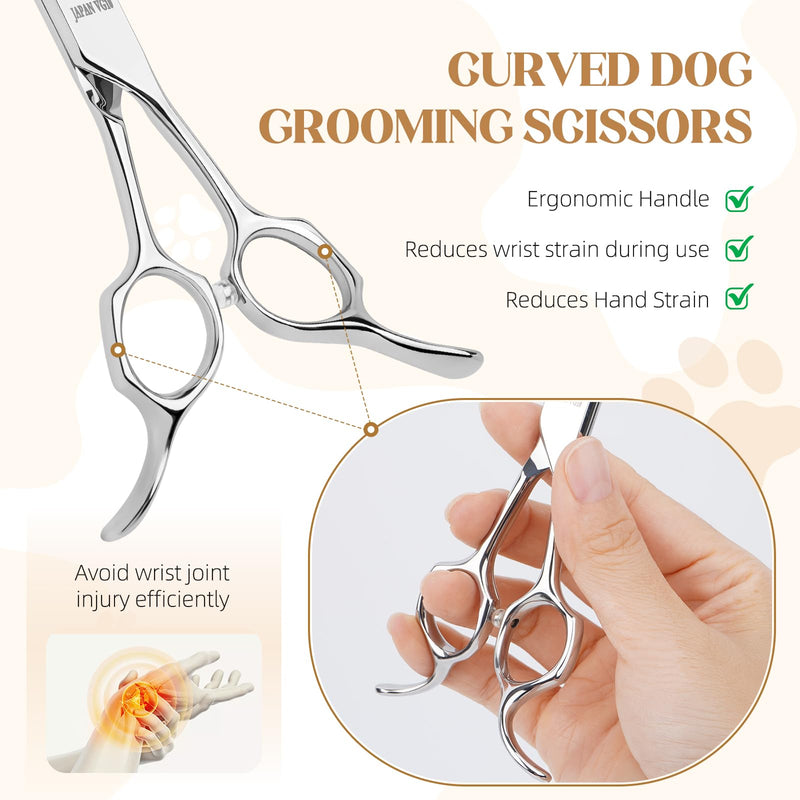 7.5 In Curved Dog Grooming Scissors, Professional Japan VG10 Steel Pet Grooming Shears, Ergonomic Reversible Handle for Face, Eyes, Paws, and Body Curved Scissors