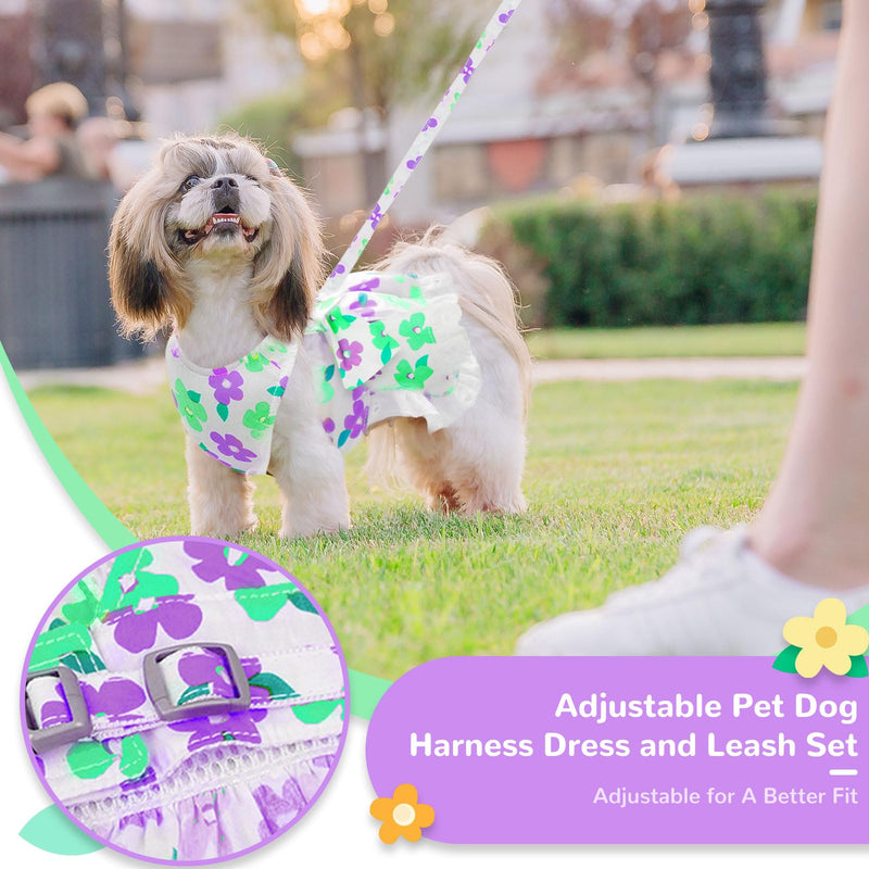 Dog Harness Dress Leash Set for Small Dog Summer Clothes Girl Female Puppy Cats Outfits Cute Floral Bowknot Princess Birthday Dress for Extra Small Pet Doggie Kitten Outfits Apparel(Green,XS) X-Small Green