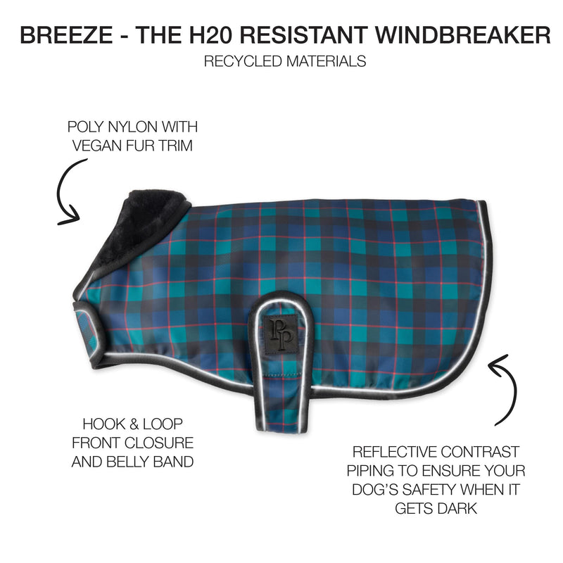 Breeze II - The Windbreaker, Water Resistant Pet Raincoat, Vegan Fur and Lined Pet Jacket for Small, Medium, Large Dogs, Black Watch Plaid, Small (10-25 lbs) Small (10-25 lbs)
