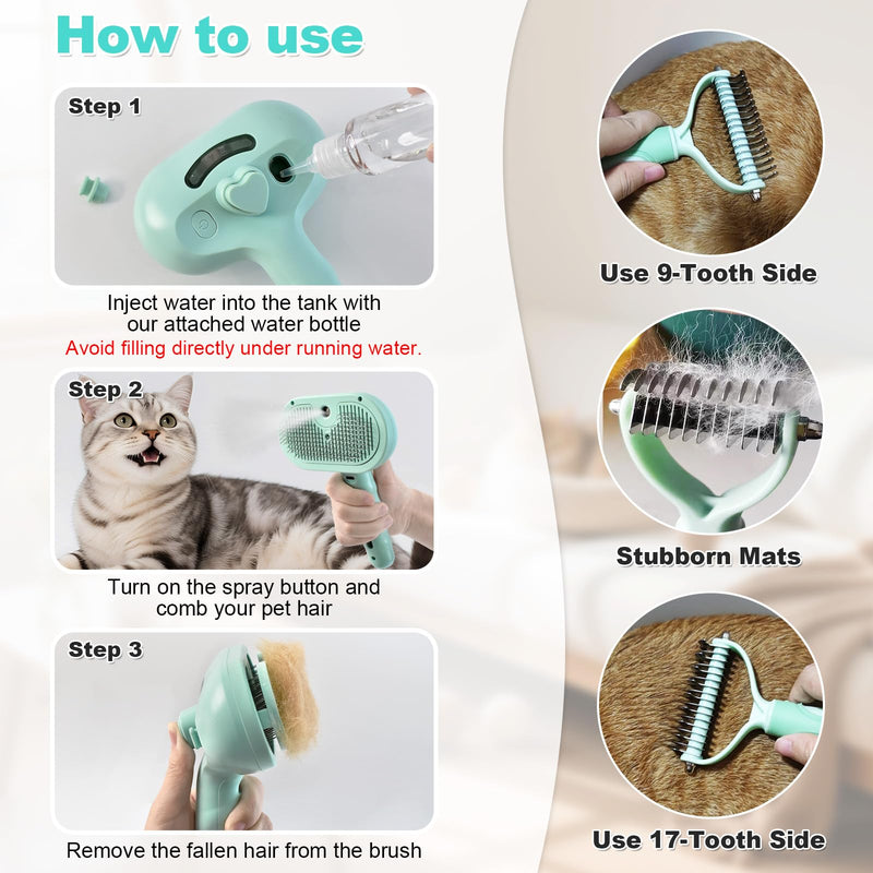 3-in-1 Pet Steam Brush for Dog Cat,Double-Sided Undercoat Rake for Shedding & Grooming,Spray Pet Hair Removal & Deshedding Dematting Comb for Long Short Haired,2 PCS - PawsPlanet Australia