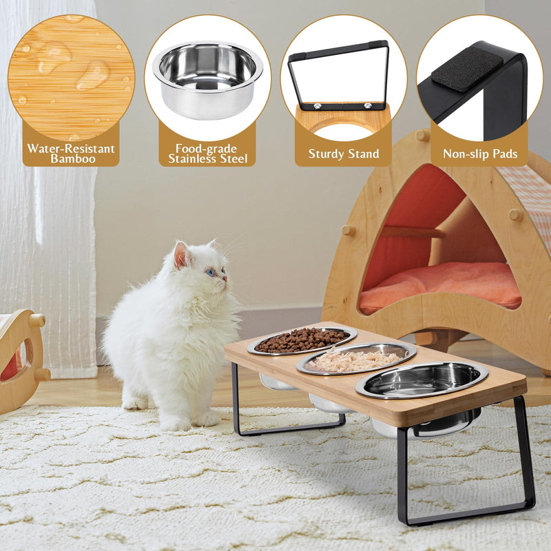 Elevated Cat Bowls for Food and Water - Loplurea 15° Tilted Raised 3 Stainless Steel Cat Food Bowl Feeder, with Bamboo Stand and Anti Vomit Feeding Station for Indoor Kittens and Pet 3 Bowls Wood Color - PawsPlanet Australia