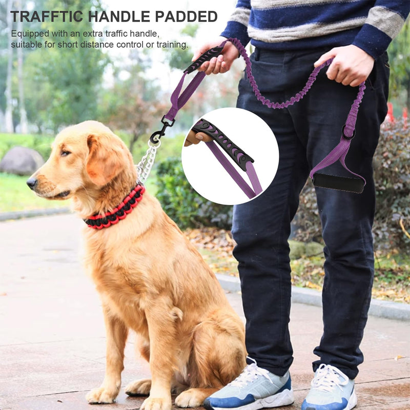 Heavy Duty Bungee Dog Leash with Shock Absorbing & Reflective Stitching - Adjustable 4-6FT Tactical Training Leash for Strong Pullers, Dual Padded Handles for Medium/Large Dogs(Purple) Purple - PawsPlanet Australia