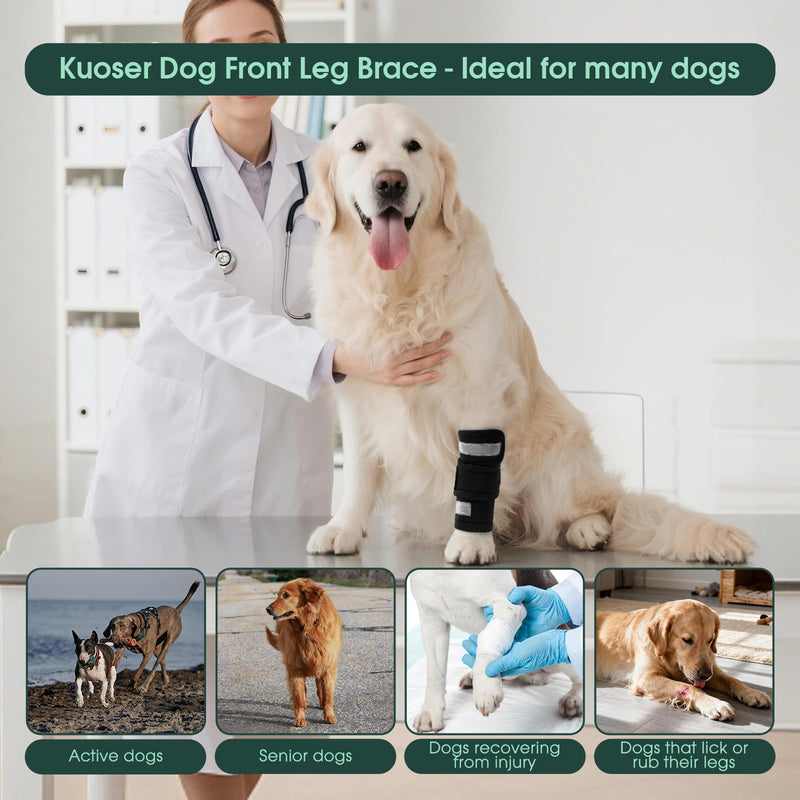 Kuoser Dog Leg Brace Front Leg Support, Dog Elbow Protector & Anti Licking Sleeve, Reflective Dog Leg Wrap with 3 Adjustable Straps, Wound Protector for Dogs Recovery, Black XXS/XS