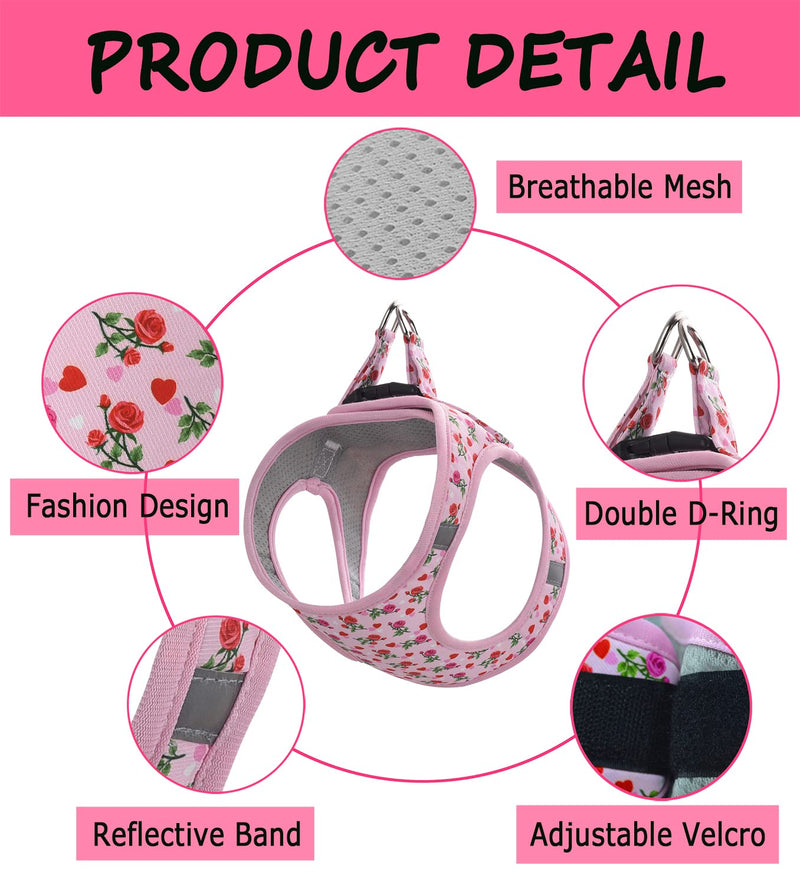 Moonpet Step in Valentine's Day Dog Harness Leash Set- All Weather Reflective No-Pull Floral Pattern Padded Mesh Vest Harness for Cats Puppy Extra-Small Small Medium Large Dogs - Heart Rose - XXS XXS:neck 10.2’’-11.8’’,chest 13’’-14.5’’ - PawsPlanet Australia