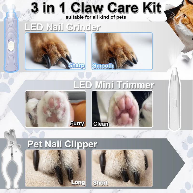 KIKETECH Dog Grooming Clippers Professional - Quiet Cordless Dog Paw Trimmer, LED Light Pet Nail Grinder, Rechargeable Cat Clippers for Grooming, 3 in 1 White - PawsPlanet Australia