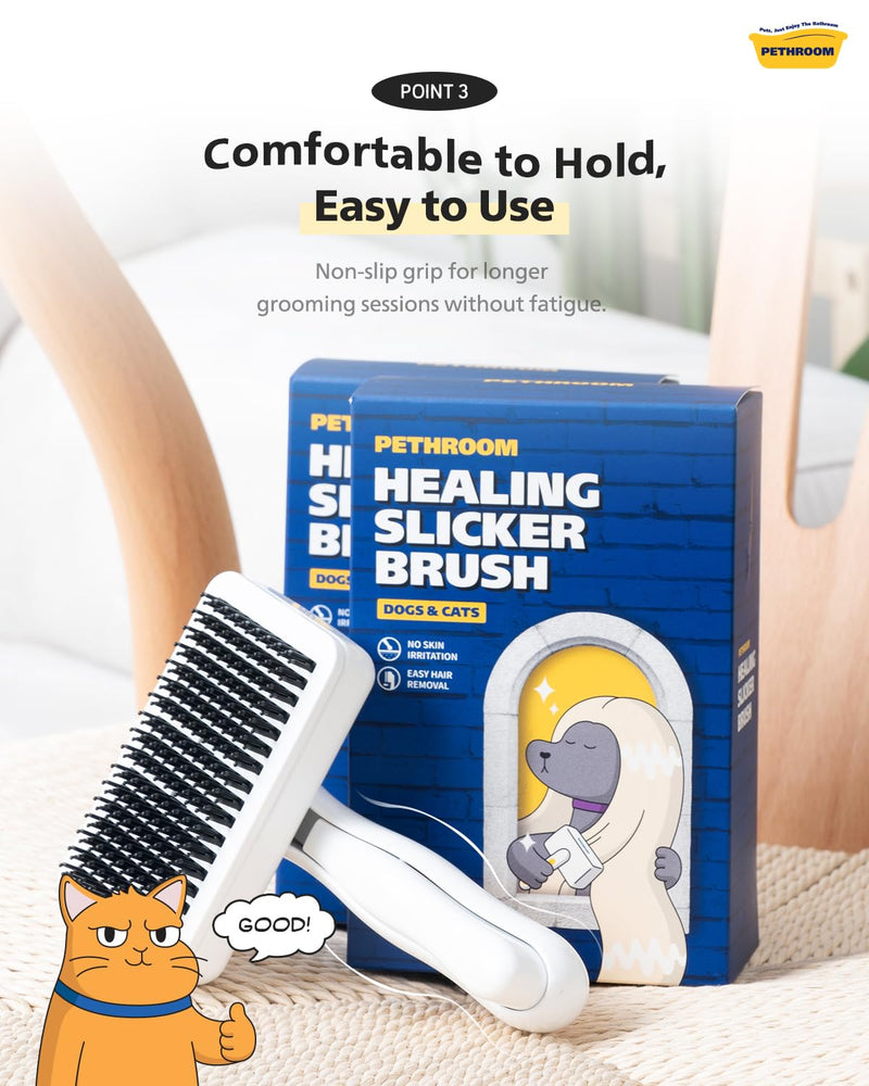 PETHROOM Self-Cleaning Slicker Brush for Dogs & Cats – Gentle Grooming & Deshedding Tool, Removes Mats & Tangles, Skin-Friendly Coated Tips, One-Touch Hair Removal Button - PawsPlanet Australia