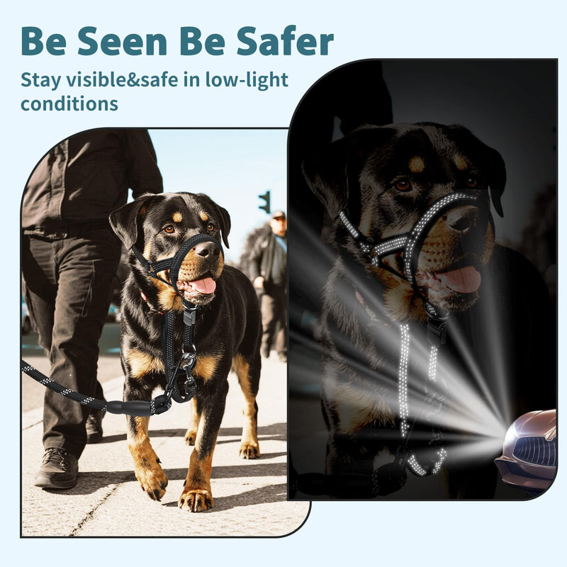 BARKLESS Sturdy No Pull Head Collar for Medium Large Dogs, Gentle Reflective Head Halter with Safety Link, Adjustable Nylon Dog Training Muzzle Leash for Walking Control (Black, XL) Black XL(Snout 10¼”-13”)