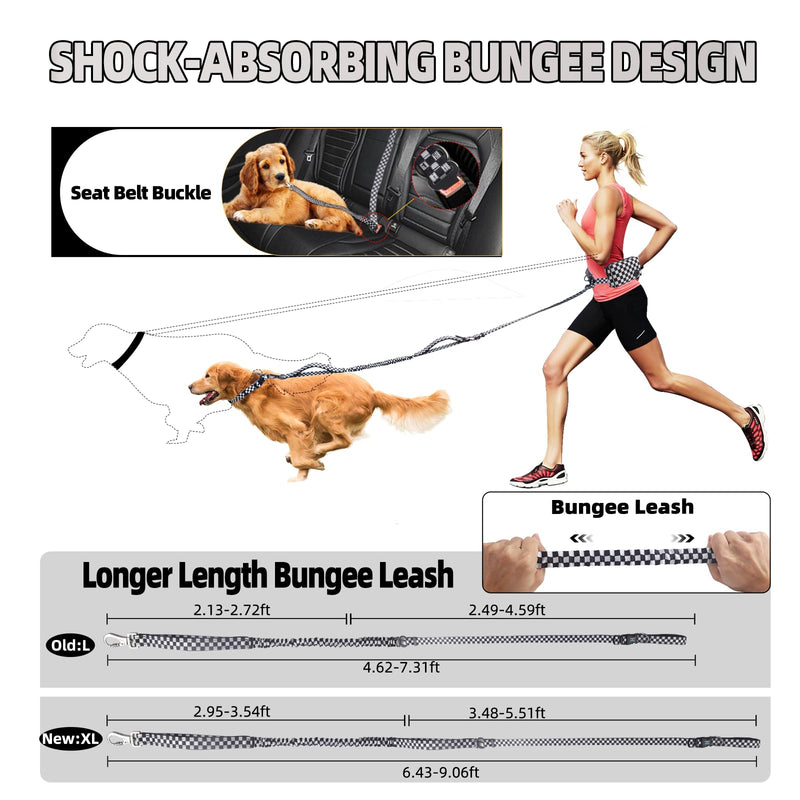 Roses&Poetry Hands Free Dog Leash with Zipper Pouch, 6-9ft Bungee Waist Leash for Medium Large Dogs Walking, Running Lead with Dual Padded Handles Car Safety Buckle for Training Jogging Checkered (XL) 6-9FT With Zipper Pouch, 2 Handles - PawsPlanet Australia