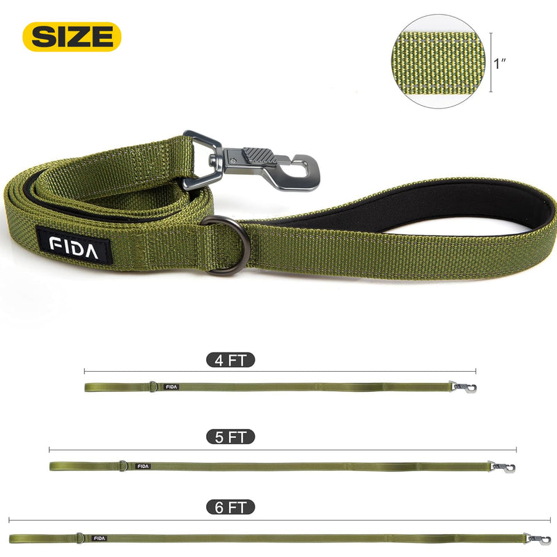 Fida 5 FT Heavy Duty Dog Leash with 2 Comfortable Padded Handles, Traffic Handle & Advanced Easy Snap Hook, Reflective Walking Lead for Large, Medium & Small Breed Dogs, Green 5 Feet (Pack of 1) - PawsPlanet Australia