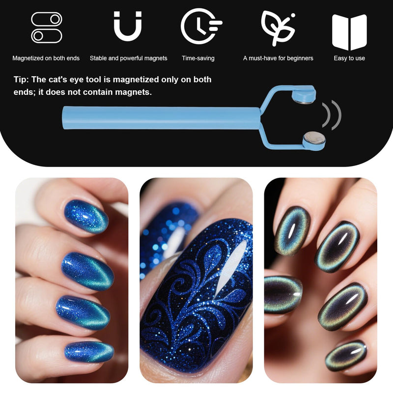 3-in-1 Cat Eye Magnet for Nails, High and low Y-Shaped Double Head Nail Magnet Manicure Design Cat Eye Magnetic Tool Fingernail Art Accessories for Cateye Gel Polish DIY Salon Studio (Blue) Blue - PawsPlanet Australia