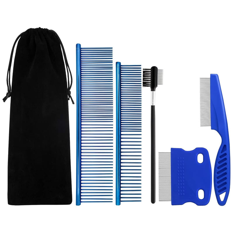 Pet Grooming Comb Kit - Flea Combs for Dog and Cat, 5Pcs Lice Combs and Tear Stain Remover Comb with Stainless Steel Teeth, Professional Pet Grooming Tool with Portable Bag for Removing Knots & Tangle Blue + Balck 5 Piece Set - PawsPlanet Australia