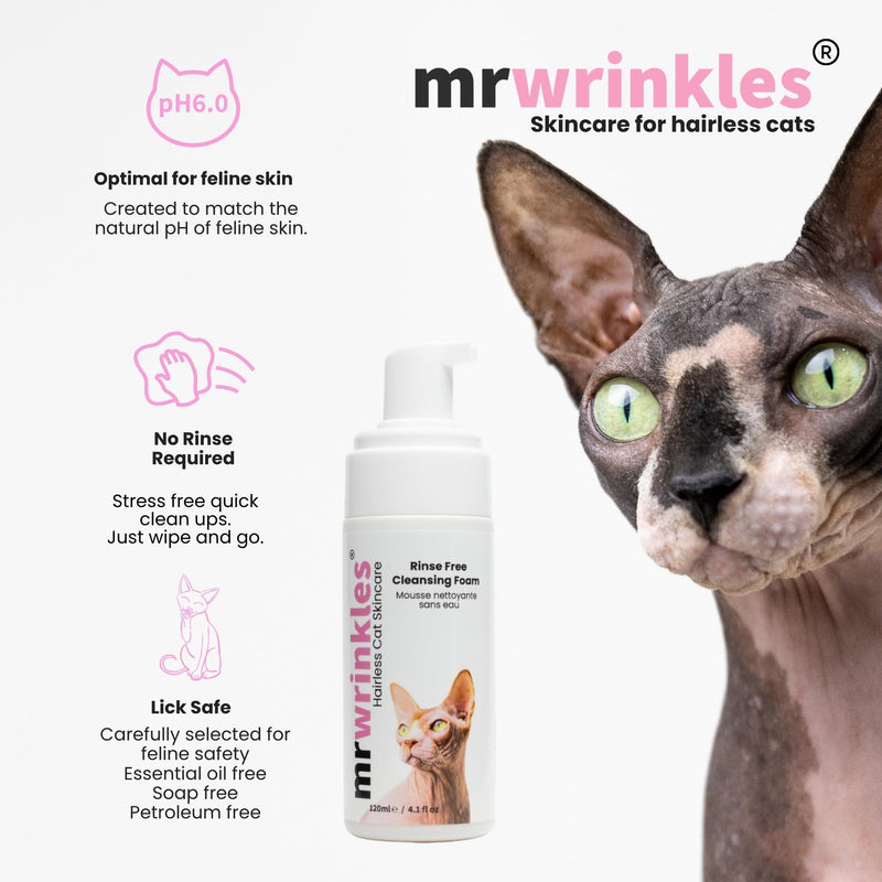 Sphynx Cat Rinse-Free Cleansing Foam – No Bath Needed, Wipe & Go, Mattifying Rice Water & Honey Formula, Gentle Shampoo Alternative for Hairless Cats – Mr. Wrinkles