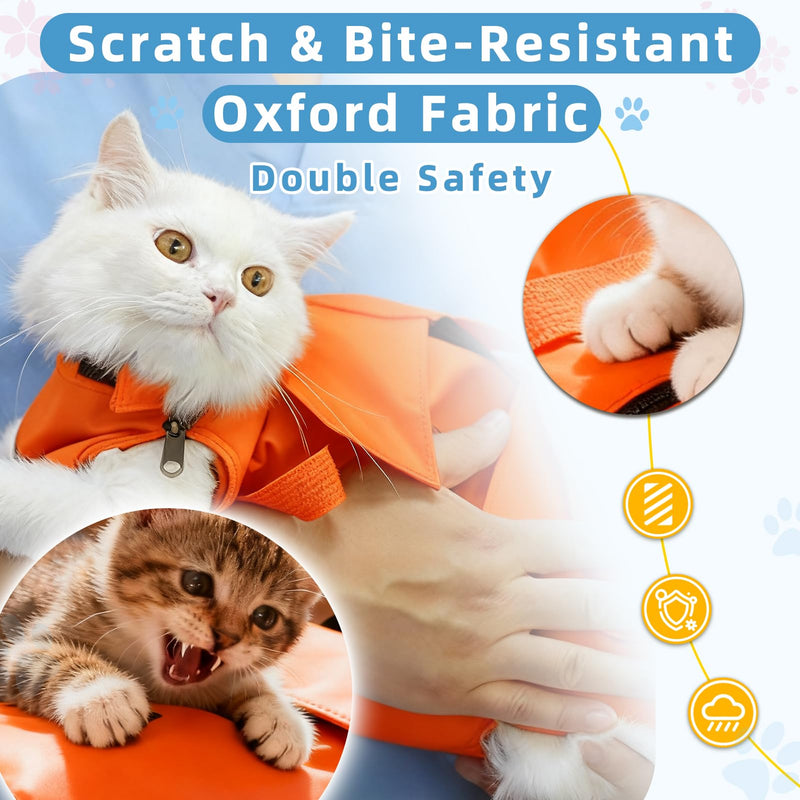Waterproof Cat Grooming Restraint Bag - Anti-Scratching for Claw Care & Nail Trimming, Ideal for Cat Medical Examination (Orange, S) Orange