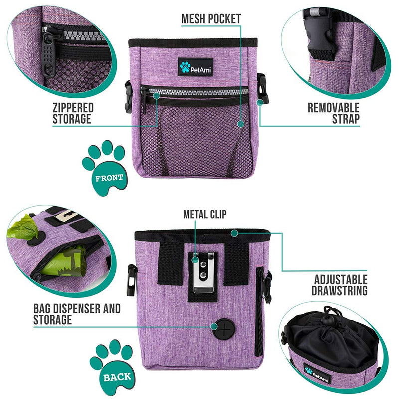 PetAmi Dog Treat Pouch, Pet Treat Pouch for Training, Dog Walking Bag Holder for Kibbles, Pet Food Toy, Dog Trainer Essentials Supplies, Poop Bag Dispenser, 3 Ways to Wear (Purple) One Size Heather Purple