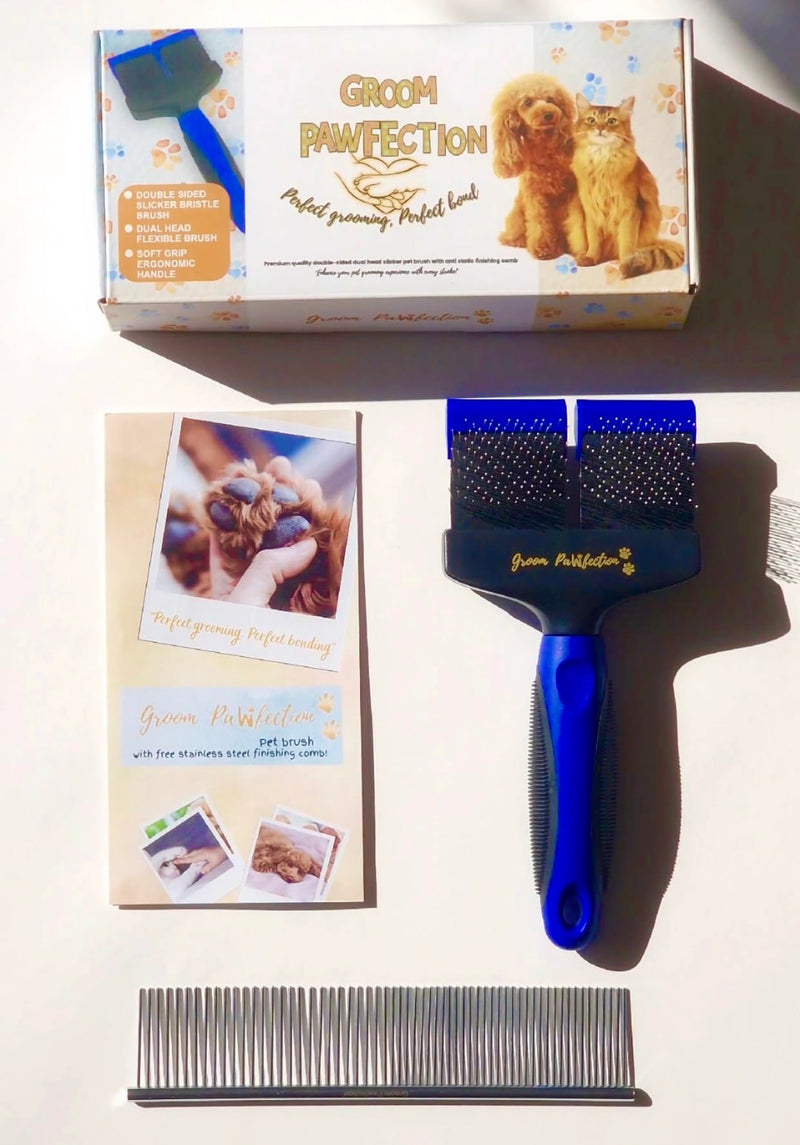 Slicker Dog & Cat Grooming Brush with Dual-Flex Head – Flexible Deshedding Tool & Finishing Comb for Tangle-Free Grooming | Ideal for Poodles, Doodles, Labradoodles, Cockapoos & Cats Blue