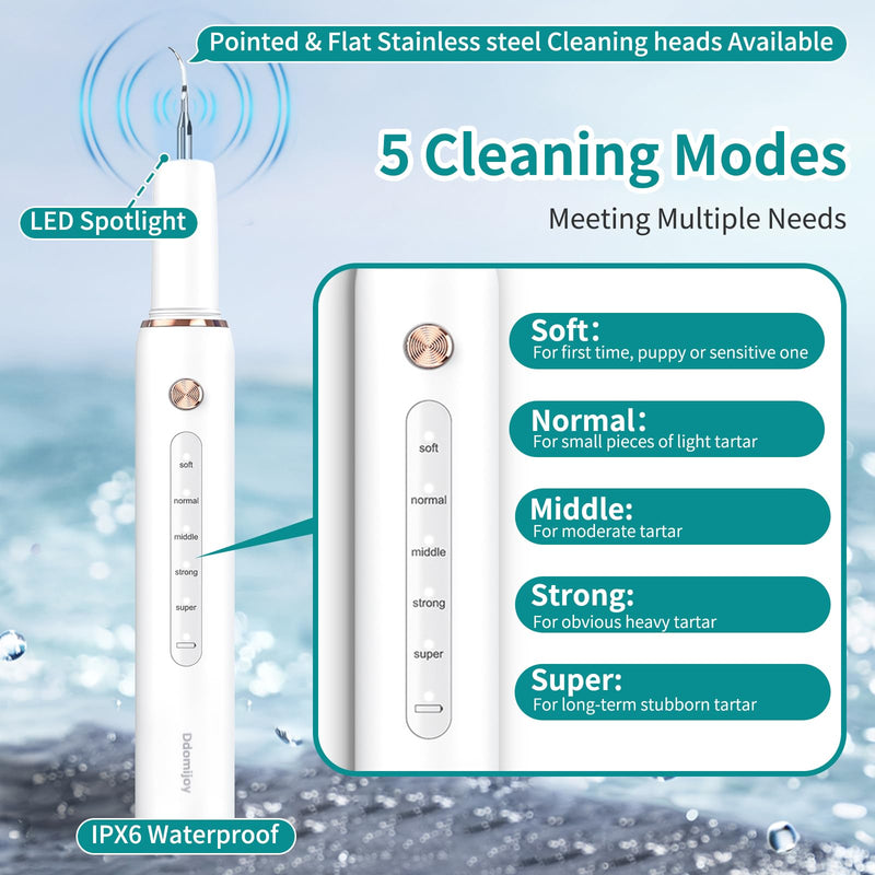 Dog Plaque Tartar Remover, Electric Toothbrush Teeth Cleaner Dental Care Kit for Dogs Cats- 5 Modes LED IPX6 Waterproof Auto-Stop Gum Protection USB Charge, 3 Brush Heads, Pet Teeth Cleaning Tools