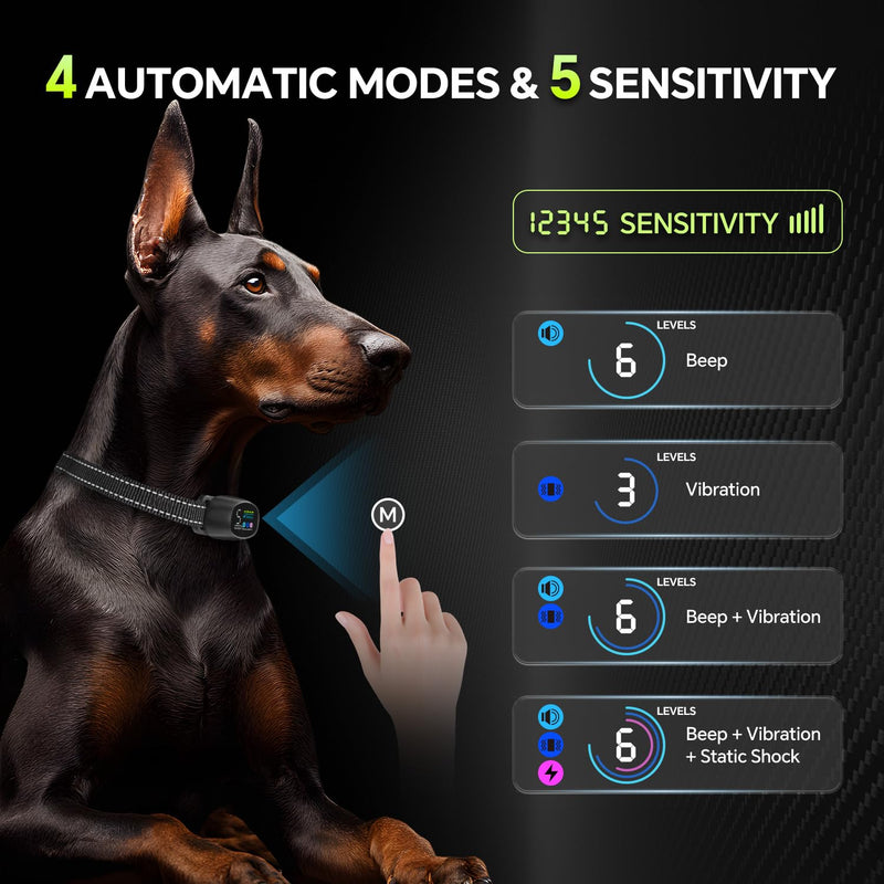 Dog Bark Collar with Remote – 2-in-1 Automatic & Manual Modes, Smart Anti Bark Dog Training Collar with Beep, Vibration & Shock, 330FT Range, IP67 Waterproof, Rechargeable (8-150lbs) BLACK
