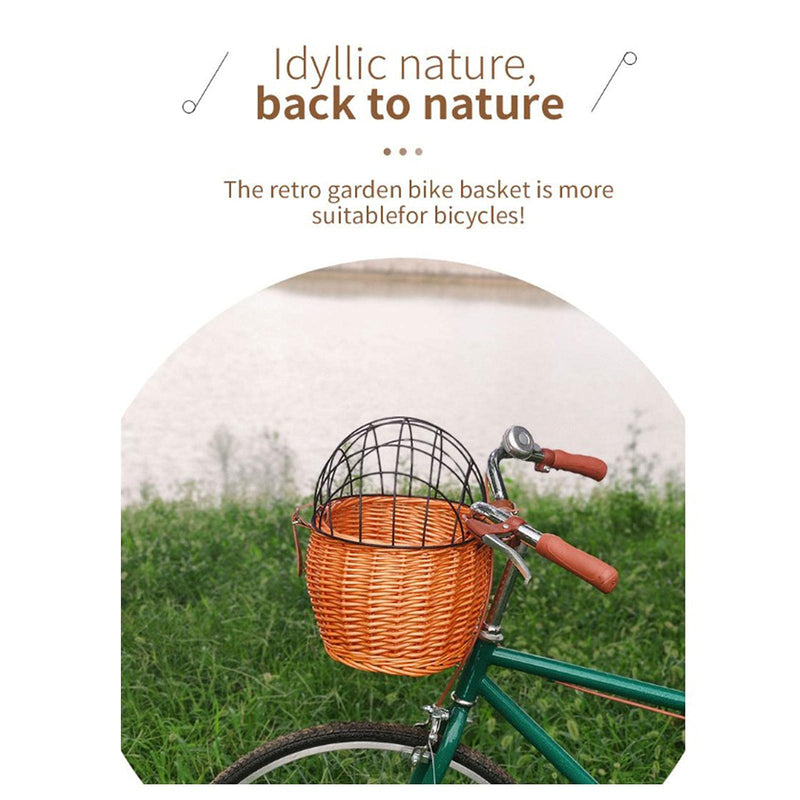 Wicker Bike Basket for Small Dogs Cats Pet Carrier Front Basket with Wire Mesh Cover (Honey Color) Honey color - PawsPlanet Australia