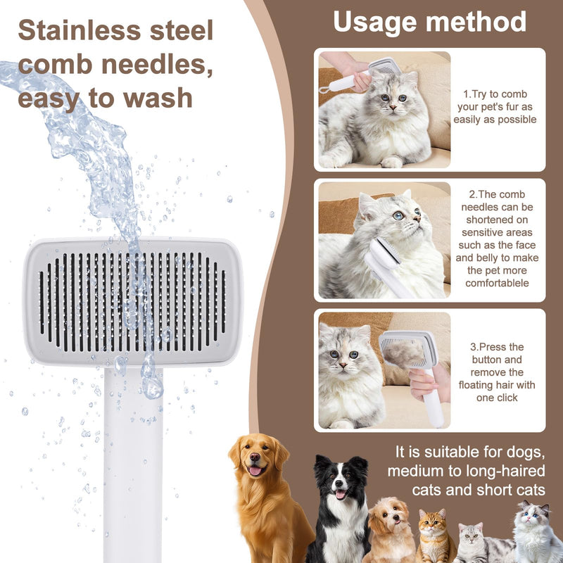 Self Cleaning Deshedding Cat Brush for Dogs & Cats,Adjustable Cat Brushes for Indoor Cats, Easy to Clean Grooming Tool for Long & Short Haired Pets White