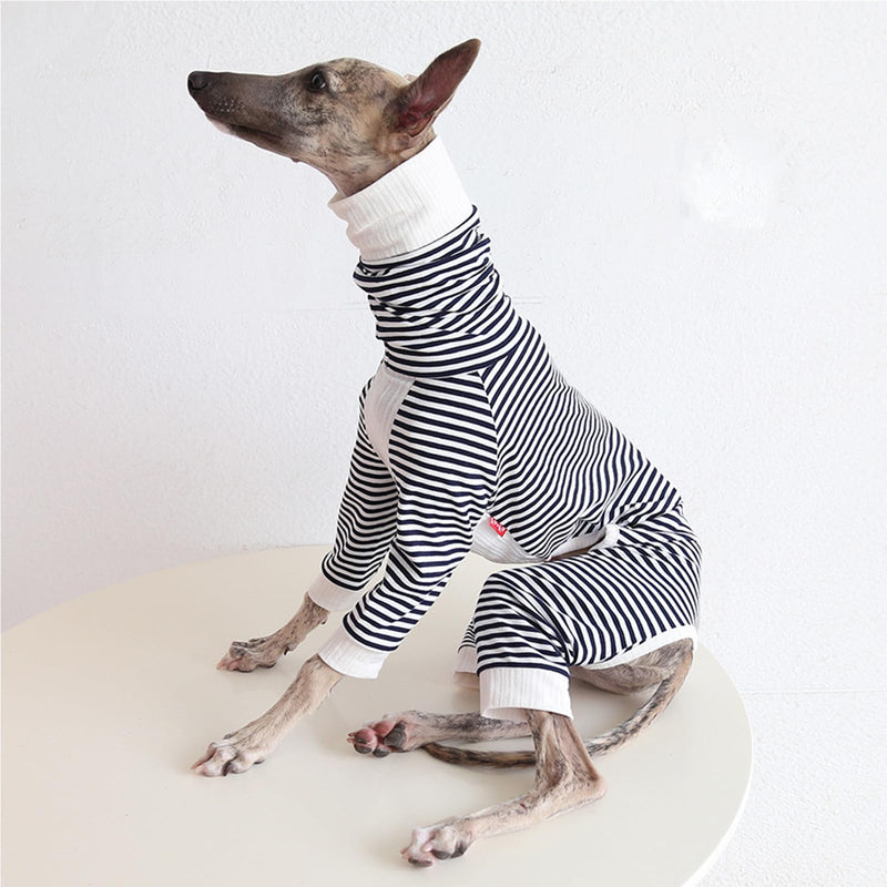 Italian Greyhound Striped Jumpsuit,Whippets Turtleneck Four-Legged Pajamas,Thin Dog Spring Autumn Onesie Anti-Hair Loungewear for Indoor Outdoor Wear_L(Black Stripe) L:Back Length:44cm/17.3in Black Stripe
