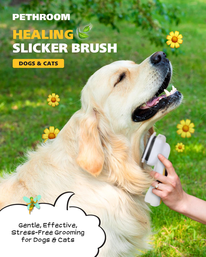 PETHROOM Self-Cleaning Slicker Brush for Dogs & Cats – Gentle Grooming & Deshedding Tool, Removes Mats & Tangles, Skin-Friendly Coated Tips, One-Touch Hair Removal Button - PawsPlanet Australia